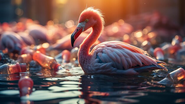 Roze flamingo in het water tussen plastic flessen en afval