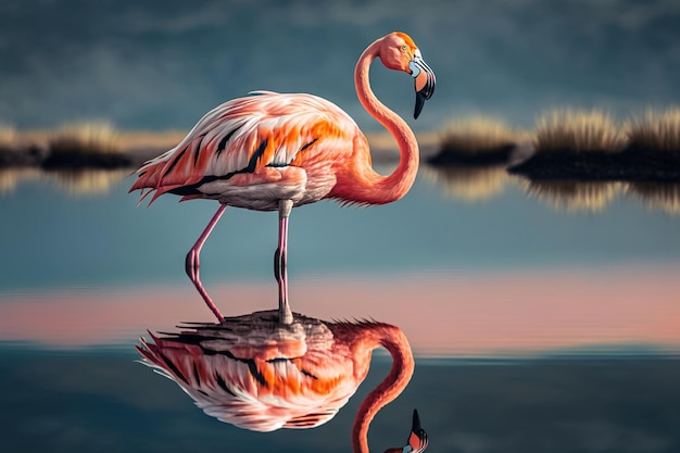 Roze flamingo in ondiep water wildlife vogel op natuur illustratie Generatieve AI