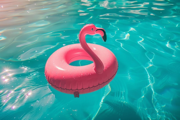 Roze flamingo opblaasbare drijver in een turquoise zwembad Generatieve AI