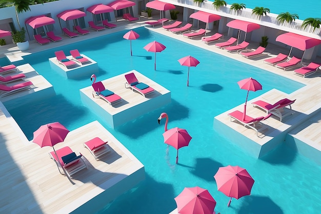 Roze flamingo's in een blauw zwembad met zonnebanken en paraplu's het concept van ontspanning in een hotel aan zee 3d rendering