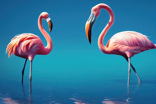 Roze flamingo's op een achtergrond van blauw water staan en kijken in de verte 3d illustratie