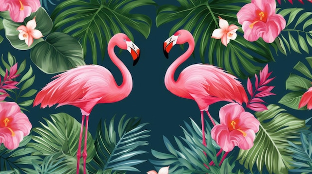 Roze flamingo's op een donkere achtergrond met tropische bladeren en bloemen.