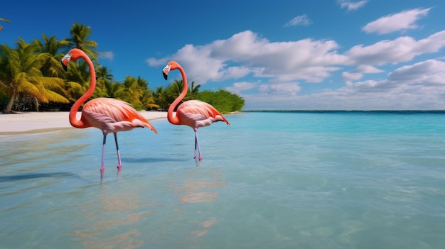 Roze flamingo staat in de zee