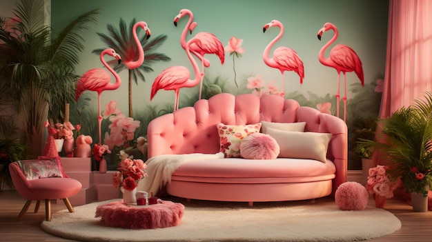 Roze flamingo tropische woonkamer