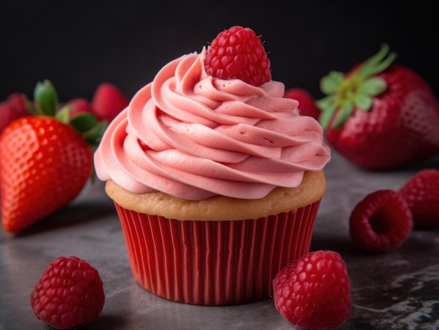 Roze Frosted Cupcakes met een Aardbei bovenop Generatieve AI