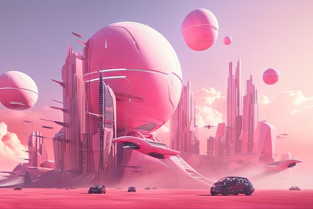 Roze futuristisch stadsbeeld met torenhoge wolkenkrabbers en vliegende transportvoertuigen