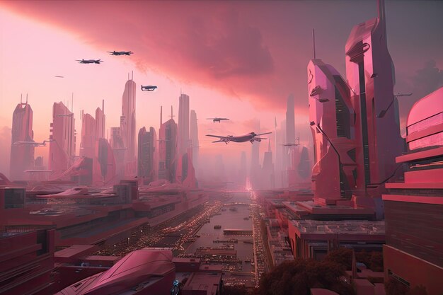 Roze futuristisch stadsbeeld met torenhoge wolkenkrabbers en voorbijrazende hovercars