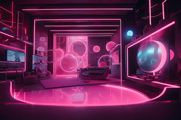Roze futuristische kamer met holografische computerinterface, zwevende objecten en dansende lichtshows