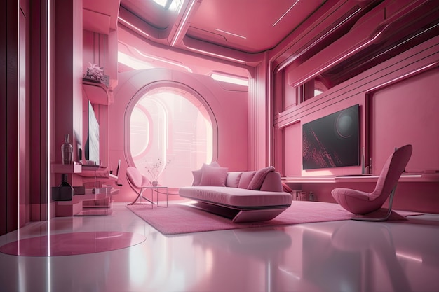 Roze futuristische setting met strakke en stijlvolle designelementen voor een chique en moderne uitstraling