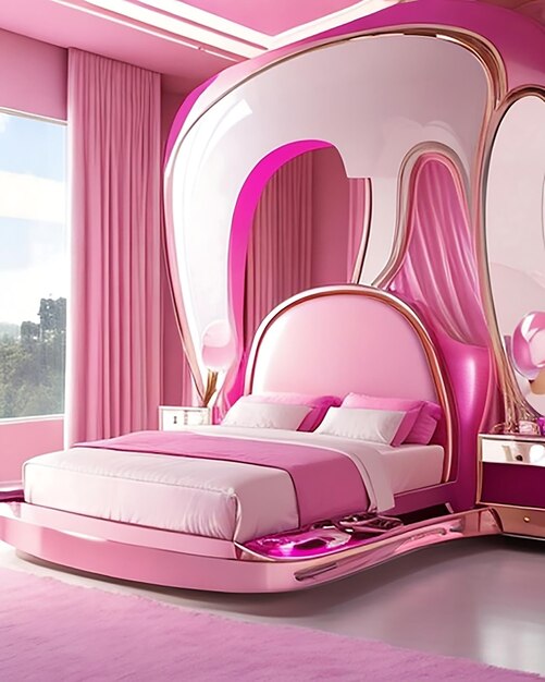 Roze futuristische slaapkamer met metalen accenten en zwevend bed