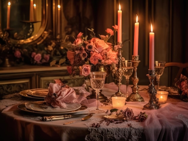 Roze gebloemde tafelaankleding voor een romantische dinertafel met tafelkleedkaarsen en zilverwerk Generative AI