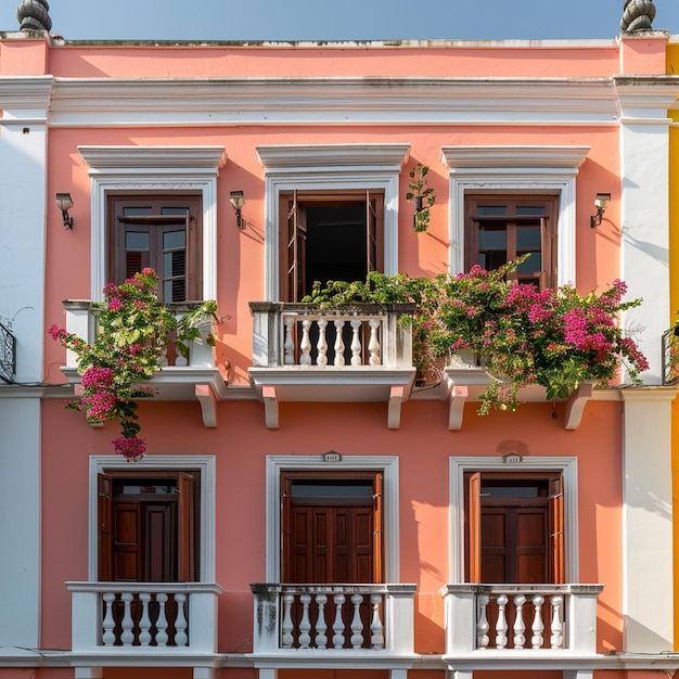 Roze gebouw met witte balkons en bloemen in Pondicherry India