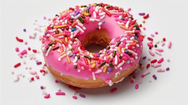 Foto roze gegloze donut met kleurrijke strooitjes.