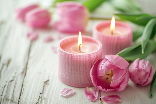 Roze gele tulpenbloemen, verlichte kaarsen op een rustieke houten achtergrond