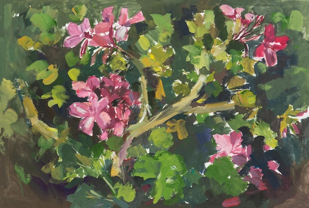 Roze geranium gouache schilderij