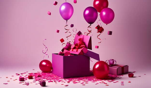 Roze geschenkdoos confetti en ballonnen op een witte achtergrond