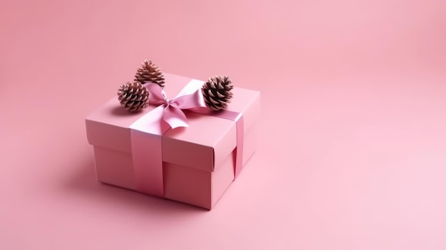 Roze geschenkdoos met dennenappels Illustratie AI GenerativexA