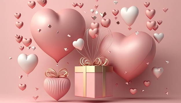 Roze geschenkdoos met gouden lint en hart romantische banner liefde concept op een roze achtergrond 3D-rendering generatieve AI