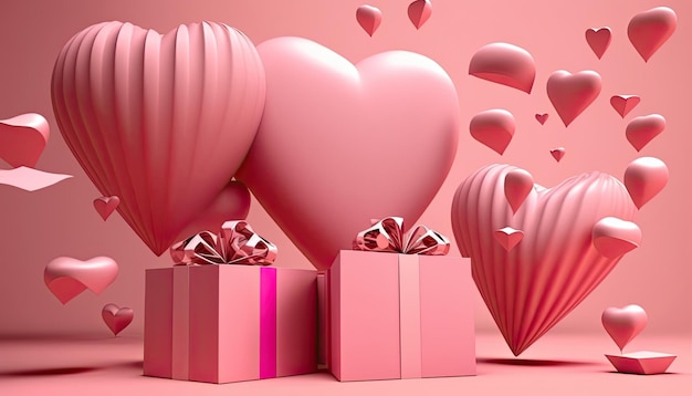 Roze geschenkdoos met gouden lint en hart romantische banner liefde concept op een roze achtergrond 3D-rendering generatieve AI