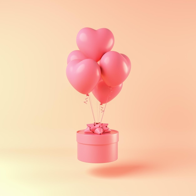 Roze geschenkdoos met Hart-ballon op gele achtergrond 3d render illustratie