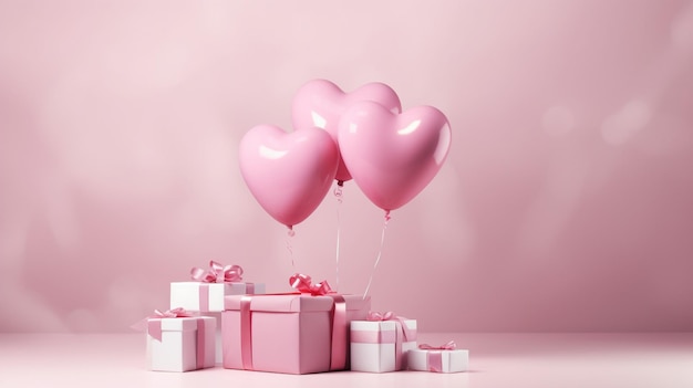 roze geschenkdoos met lint en hartvormige ballonnen tegen een roze achtergrond geschenk en verjaardag