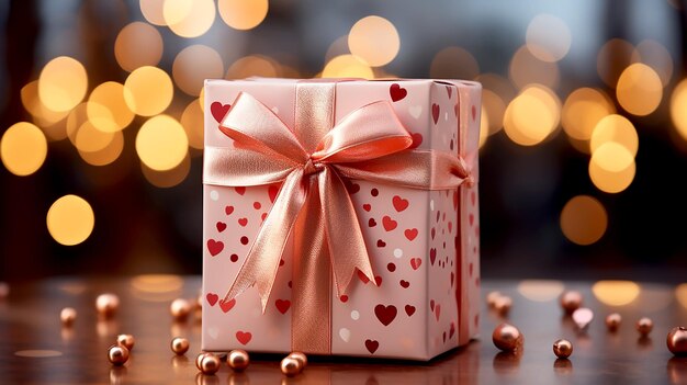 Roze geschenkdoos met rode harten en roze strik op de achtergrond van het bokeh-effect