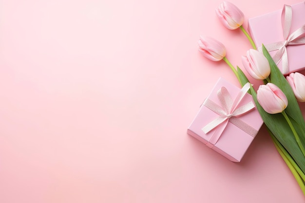 Roze geschenkdoos met strik en boeket tulpen op geïsoleerde pastelroze achtergrond