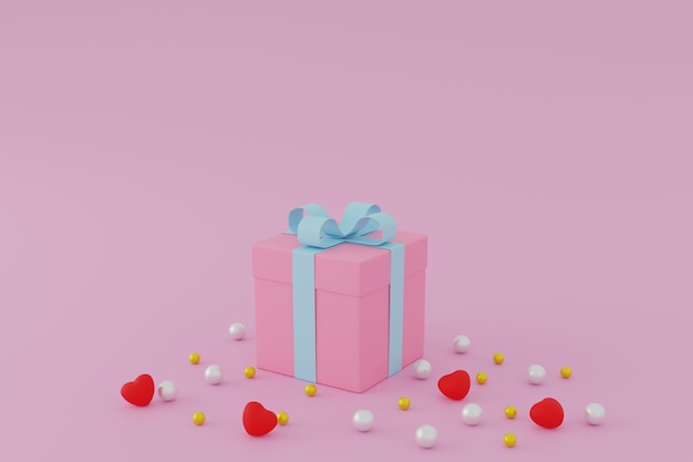 Roze geschenkdoos of huidige doos op roze achtergrond, valentijn concept. 3d-rendering.