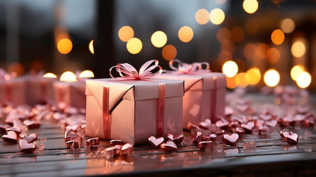 Roze geschenkdozen met roze strikken op de achtergrond van het bokeh-effect