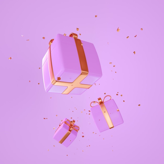 Roze geschenken vliegen in de lucht met gouden confetti en lint feestelijke achtergrond 3D-rendering