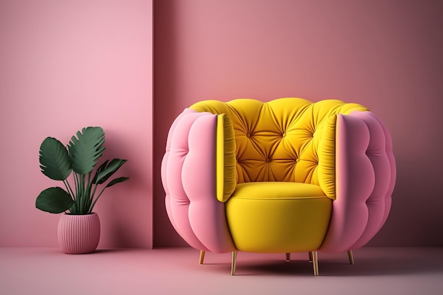 Roze getufte fauteuil in kopie ruimte Yellowpink muren eenvoudige illustratie