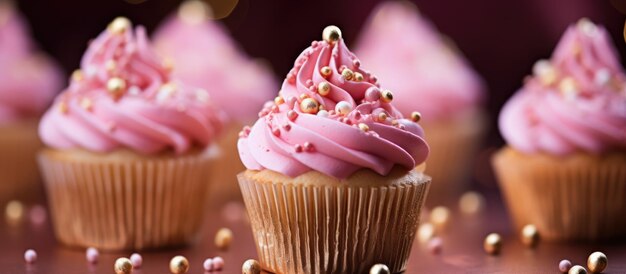 Roze glazuur op cupcakes met gouden versieringen