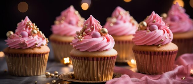 Roze glazuur op cupcakes met gouden versieringen