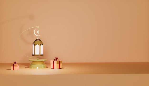 Roze gouden islamitische decoratie groeten display met traditionele lantaarn maansikkel met geschenkdoos