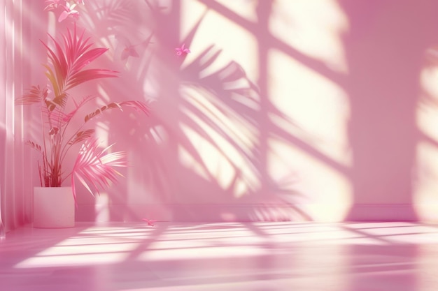 Roze gradiënt studio achtergrond met venster schaduwen en palmbladeren