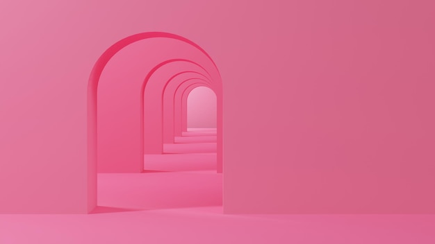 Roze hal met een boog schone ruimte aan de muur minimalisme in 3d architectuur geeft terug