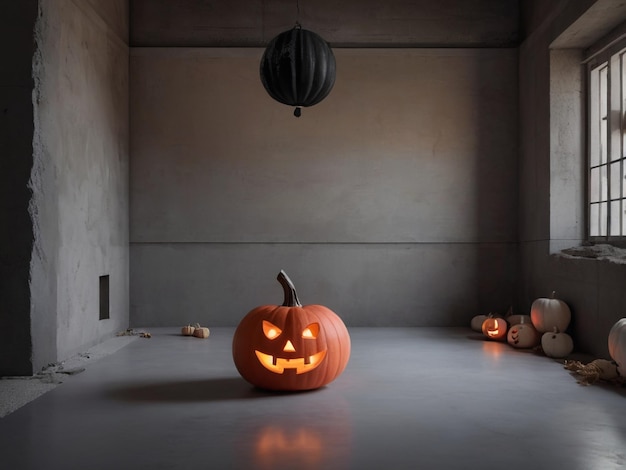 Foto roze halloween pompoen lantaarn in betonnen stenen kamer gratis downloaden