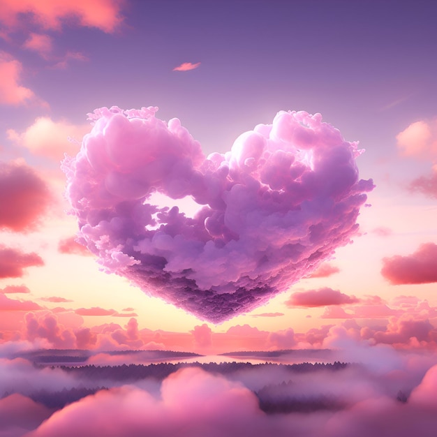 Roze hart op de achtergrond van de hemel met wolken 3D-weergave
