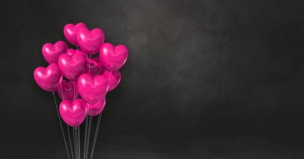 Roze hartvorm ballonnen bos op een zwarte muur achtergrond. Horizontale banner. 3D illustratie render