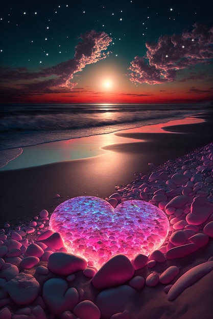 Roze hartzitting bovenop een strand naast de oceaan generatieve ai
