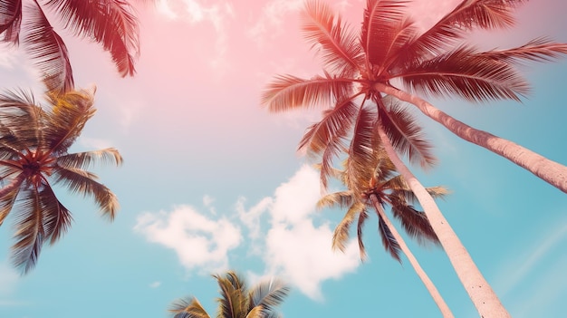 Roze hemel en palmboom uitzicht vanaf beneden reisconcept