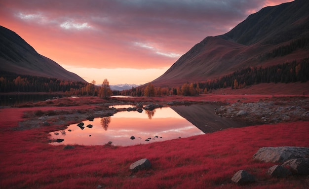 Foto roze hemel en spiegel als meer bij zonsondergang met rode kleur groei op de achtergrond altai mountains highland