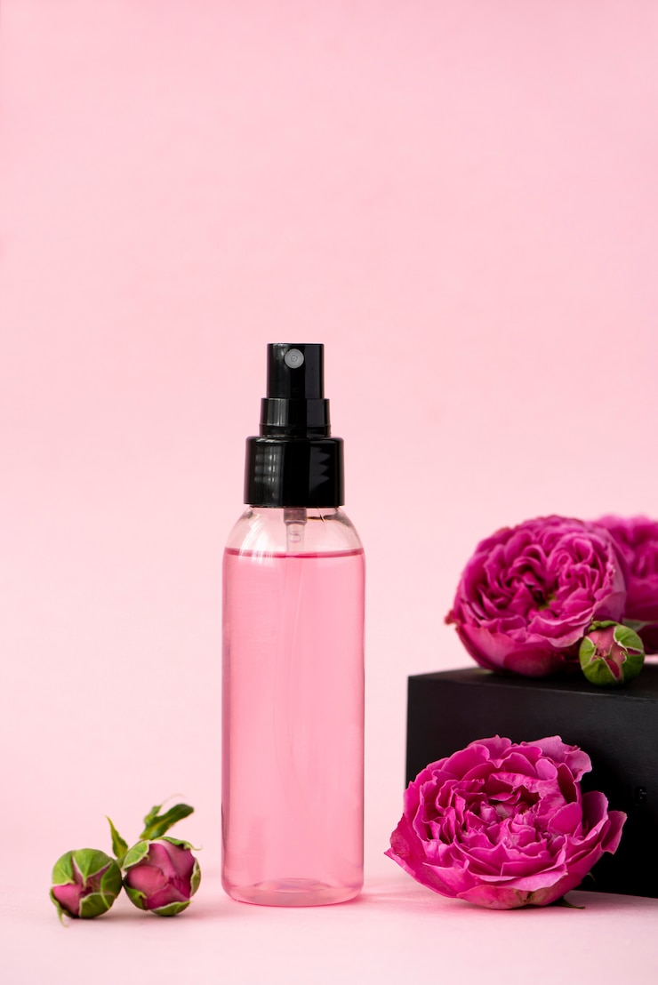Roze huidtonicum in een plastic fles met roze bloemen