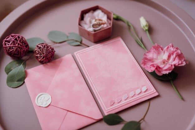 Roze huwelijksuitnodiging in een grijze envelop op een tafel met groene takjes