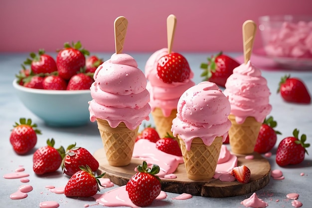 Roze ijs op stokjes en plakjes aardbeien