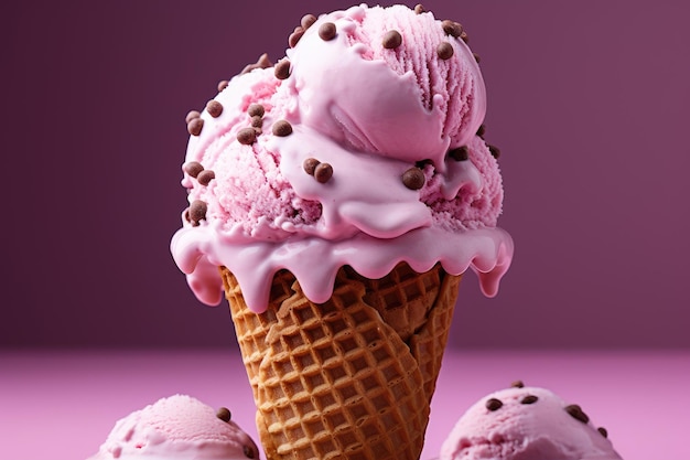 Roze ijsje in een wafelhoorntje met kauwgomsmaak. Heerlijk zomerdessert. Generatieve AI