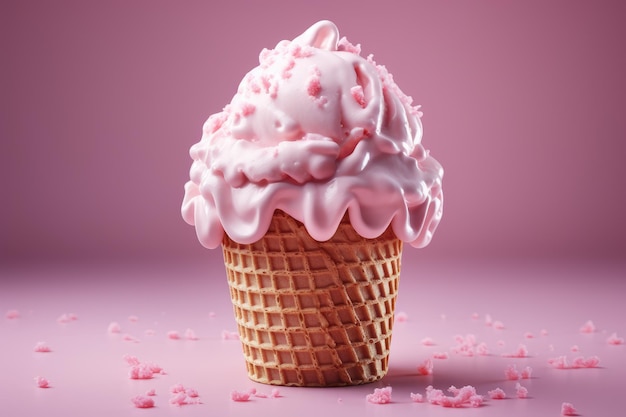 Roze ijsje in een wafelhoorntje met kauwgomsmaak. Heerlijk zomerdessert. Generatieve AI