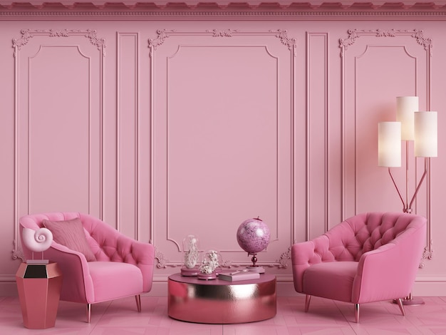 Roze interieurconceptklassiek meubilair in klassiek interieur met kopieerruimtemuren met sierlijke lijstwerkvloerparketdigitale illustratie3d-rendering