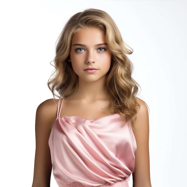Roze jurk tiener meisje op witte achtergrond geïsoleerd hig