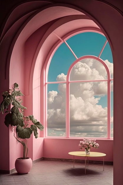 Roze kamer met boogvenster met hemel in de kamer bloemen en wolken